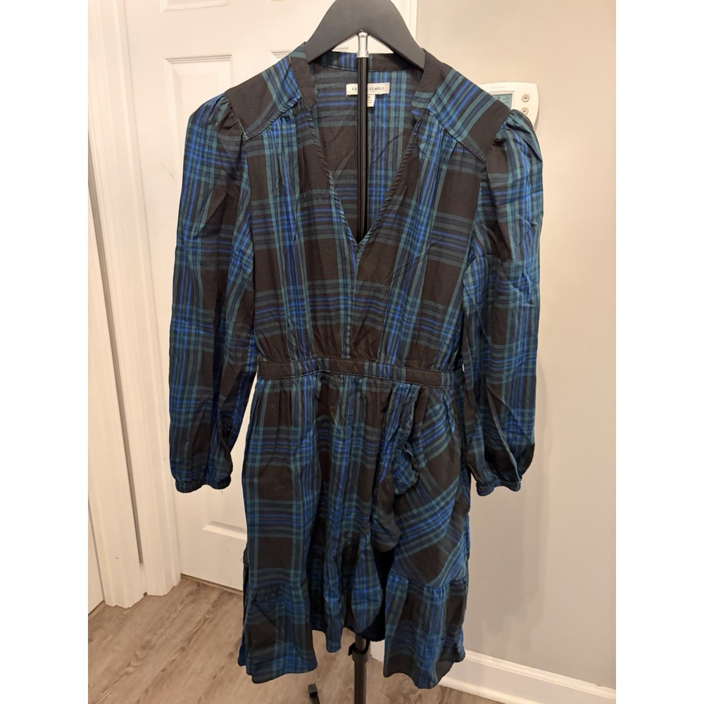 Free Assembly Tartan Plaid Ruffle Dress XS Blue/Black Classic Preppy Fall Layer